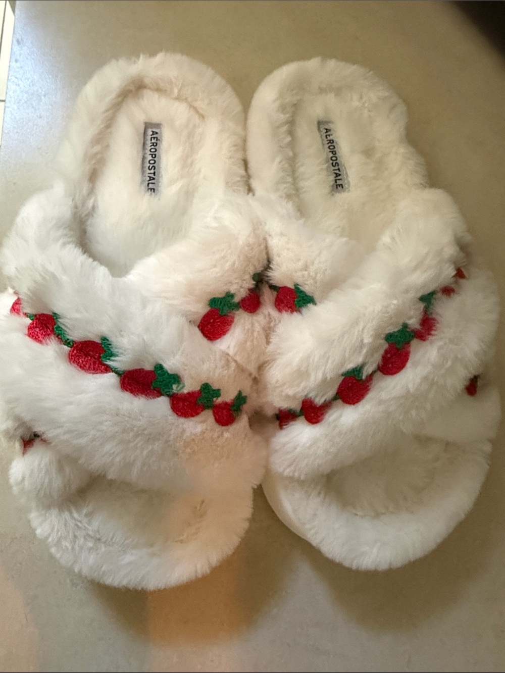 Aeropostale Cream Faux-Fur Slide Slippers with Red Strawberry Embroidery